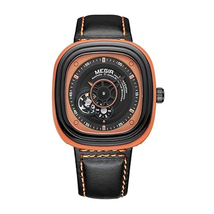 Dilwe Men Automatic Mechanical Watch with Double Leather Strap Waterproof Chronograph Hollow Dial 4 Colors(#-Black Belt Orange Case Orange Dial)