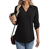 TICTICMISS Women's 3/4 Length Rolled Sleeve Tunic Tops Collared V Neck T Shirts Summer Casual Blouses 2026
