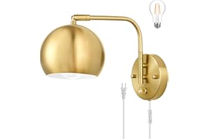 VATONI Plug in Dimmable Wall Sconce Swing Arm Wall Lights with Plug in Cord and Dimmer On/Off Knob Switch, Brushed Brass Globe Wall Light for Bedside Bedroom Bathroom(1 Bulb Included)