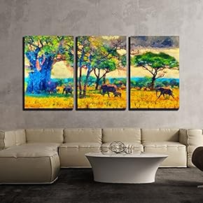 3 Piece Canvas Wall Art - Colorful Impressionist African Landscape with Elephants Oil Painting - Modern Home Art Stretched and Framed Ready to Hang - 16"x24"x3 Panels