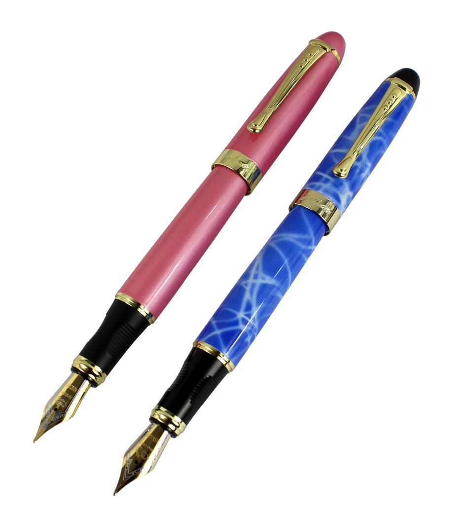 Hillento 2 PCS Jinhao 450 Fountain Pens Pink, Blue & White Color Set with Pen Pouch and Gift Box(Gift Box Random Color)