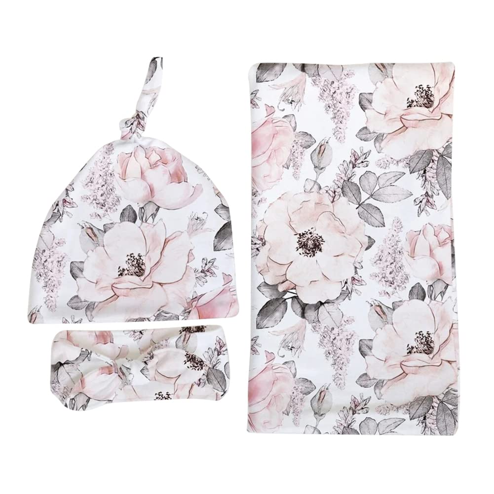 Uposao 3Pcs Newborn Swaddle Blanket with Hat Headband, Swaddle Sleeping Bag Sack Baby Stroller Wrap Receiving Blankets for Boys and Girls Baby Girl Shower Gift