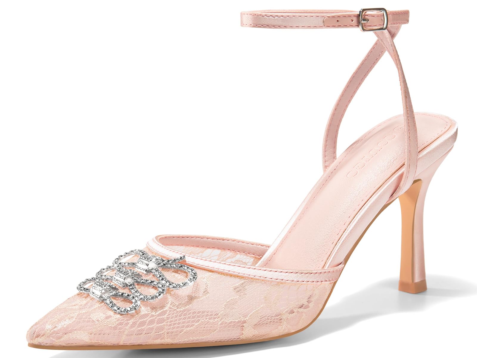 Photo 1 of Coutgo Womens Rhinestone High Heels Closed Pionted Toe Bow Mesh Pumps Ankle Strap Wedding Bride Dress Shoes, Pink, Size 10