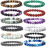 Svovin 12 Pcs 8mm Gemstones Beaded Bracelets for Men Women Stone Bead Healing Stretch Round Bead Crystal Semi-Precious Bracelets Unisex