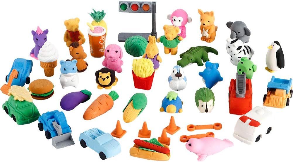 Acekid Japanese Erasers for Kids, 40pcs Cute Pencil Erasers Include Animals, Food, Vegetables and Vehicle, Mini Puzzle Eraser Toys for Novelty Party and School Supplies