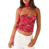 Women Y2k Tube Top Summer Mesh Floral Bandeau Crop Tops Sleeveless Strapless Ruched Going Out Tops with Scarf
