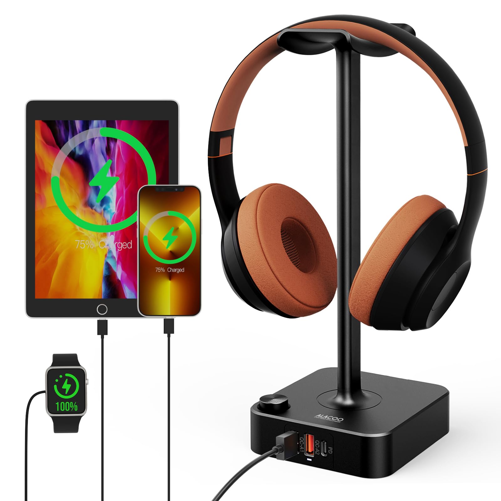 ALACOO Headphone Stand with USB Charger Port Desktop Gaming Headset Holder with 2 USB-A & 1 Type-C Charging Ports for Home and Office and Gaming, DJ, Wireless Earphone Display,Headphone Hook (black)