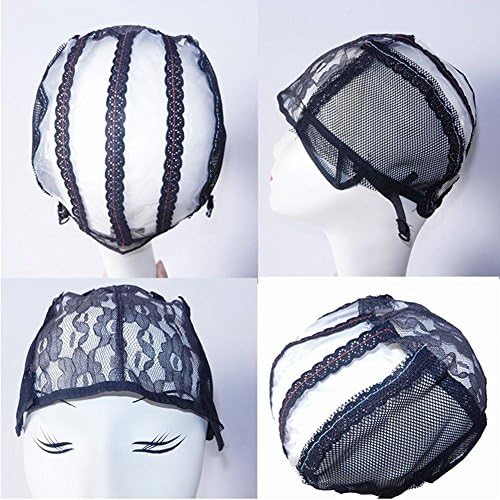 Fashion Lady Black Elastic Breathable Lace Wig Cap, Swiss Lace Weaving Cap with Adjustable Straps,Double Front lace Hair Net for Making DIY Wigs(2pcs/package,Black)