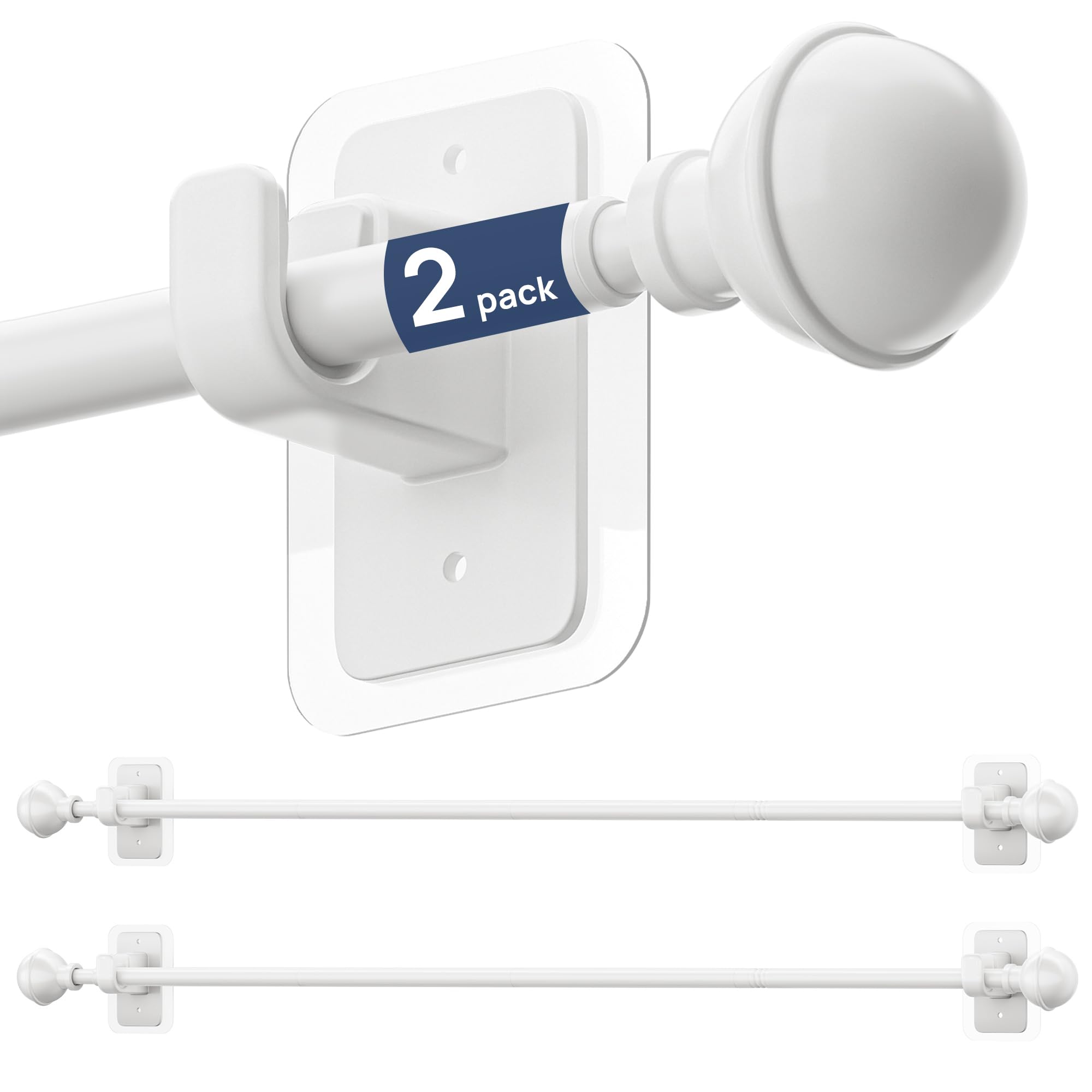 ENJOYBASICS 2 Pack No Drill Curtain Rods for Window 28 to 60 Inches, 5/8 Inch Diameter Renter Friendly Drapery Rod with Adhesive Brackets without Drilling, Adjustable from 27 to 65 Inches, White