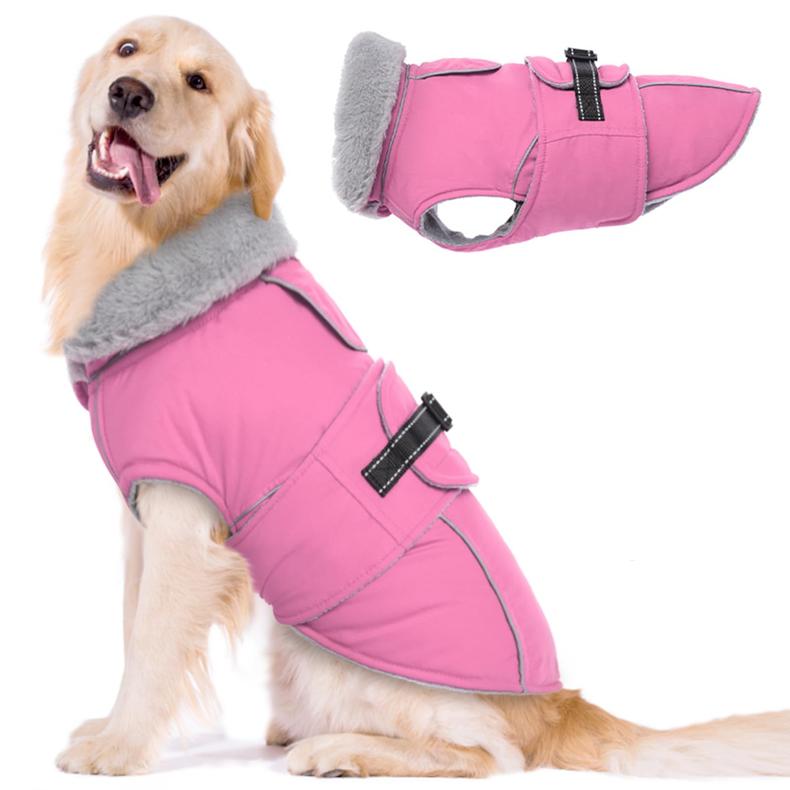 Lelepet Warm Coats and Jackets for Dogs, Waterproof Winter Dog Coat for Cold Weather, Reflective Dog Puffer Jacket, Fleece Lining Pet Coat with Harness Hole for Extra Large Dogs, Pink 3XL