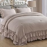 Masaca Shabby Ruffled King Comforter Set,Farmhouse Taupe Bedding Comforter Lightweight Ultra Soft Vintage Rustic Microfiber Bedding 3pc (1 Ruffle Comforter and 2 Pillowcases)