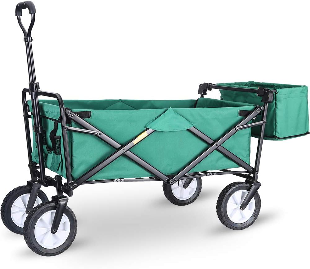 WHITSUNDAY Collapsible Folding Garden Outdoor Park Utility Wagon Picnic Camping Cart 8" Wheels with Rear Storage (Standard Size with Rear Storage, Green)
