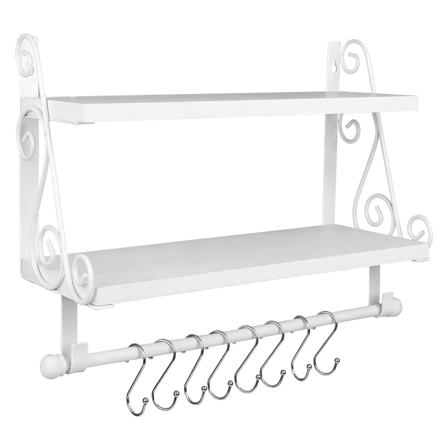 Halcent Floating Shelves Wall Storage Shelf with 8 Hooks, 2-Tier Wood Shelves Kitchen Spice Rack Bathroom Shelves with Towel Bar for Pantry Living Room Bedroom Entryway