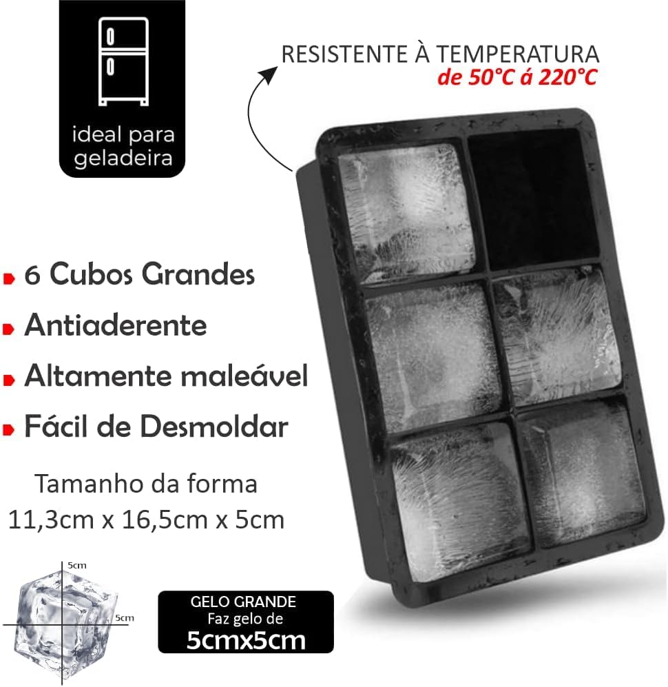 Kit 2 Forma De Gelo Silicone Cubo Grande 6 Cubos Drink Whisky (cores variadas) Flexível - Cubos Ideal Para Bebidas Frutas Doces