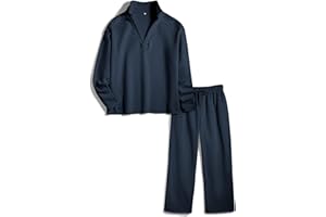 Ainangua Casual 2 Piece Sets for Women V Neck Long Sleeve Tops Wide Leg Pants Workout Outfits Fashion Carmel Travel Set