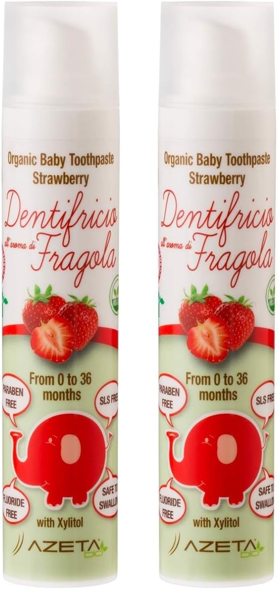 2 x Strawberry Flavoured Children’s Toothpaste Organic Vegan 0 to 36 Months, SLS and Paraben Free, Azeta Bio 50ml (Strawberry)