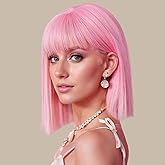 SUKRI Pink Bob Wig With Bangs - Short Straight Bob Bangs Wig, 12Inch Heat Resistant Synthetic Hair, Natural Looking For Daily Party Use