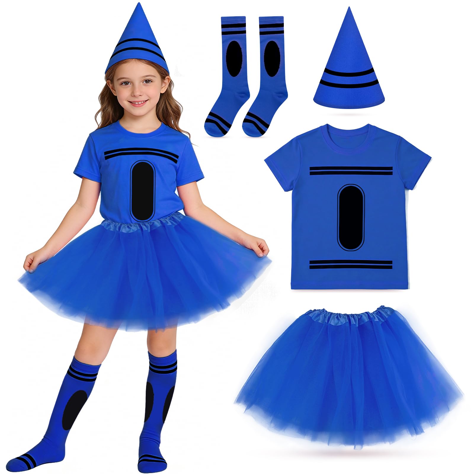 Ainvliya Kids Crayon Costume Set, World Book Day 2026 Full Costume Including T-shirt Socks Tutu Skirt Cone Hat Fancy Dress Costume for School Group Cosplay Party