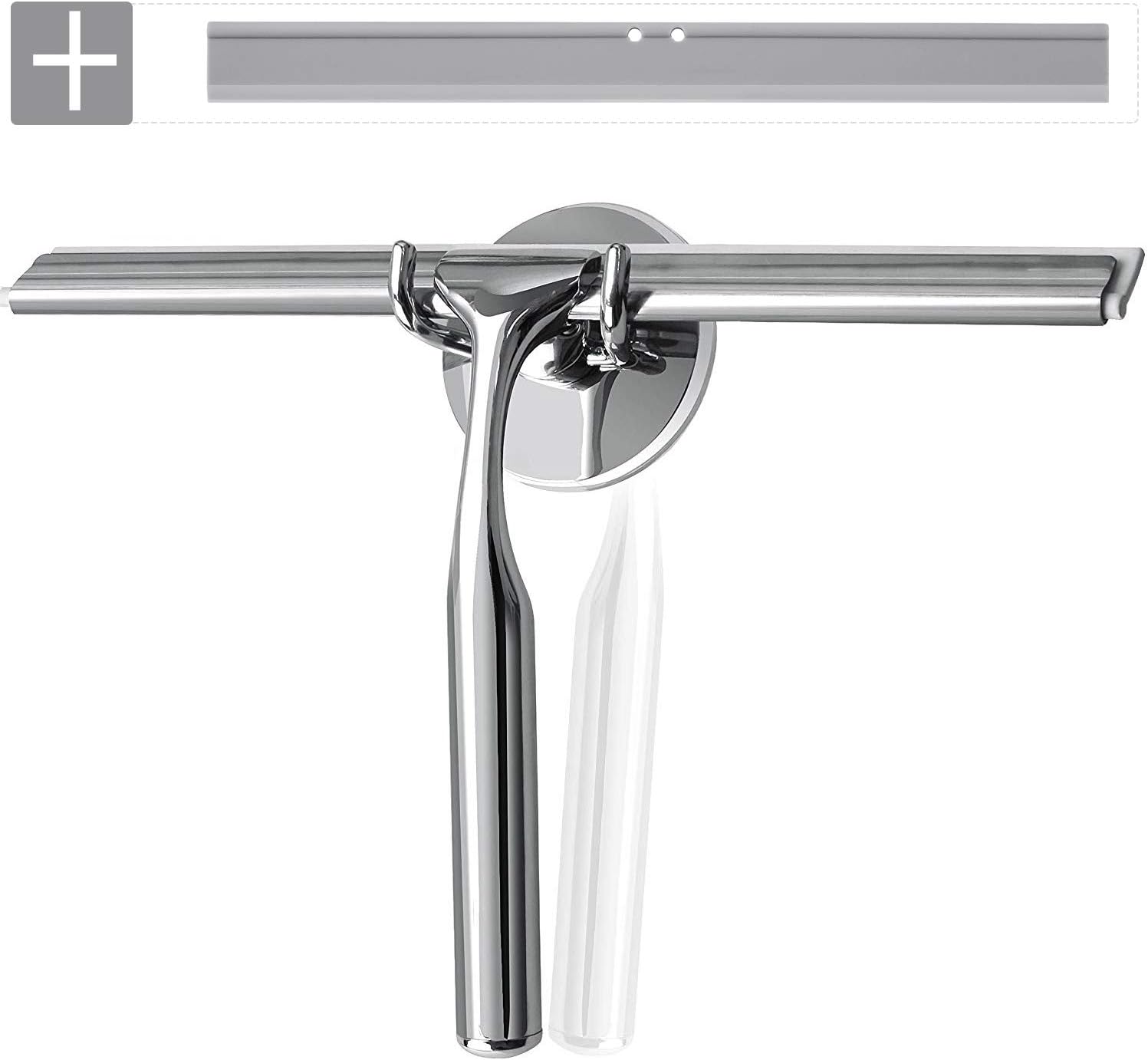 Quntis Squeegee, Stainless Steel Glass Window Squeegee with Hooks Holder 1 Replacement Silicone Blade Shower Mirror Squeegee Window Wiper for Showers Bathroom Door Car Window Glass Kitchen Cleaning