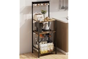 Ansionsol 4 Tier Coffee Bar Station, Corner Bakers Rack with 5 Hooks & Wire Basket, Coffee Maker Stand for Small Space, Kitchen Storage Shelf for Entryway, Living Room, Café, Black, 16.5"x13"x47.8"
