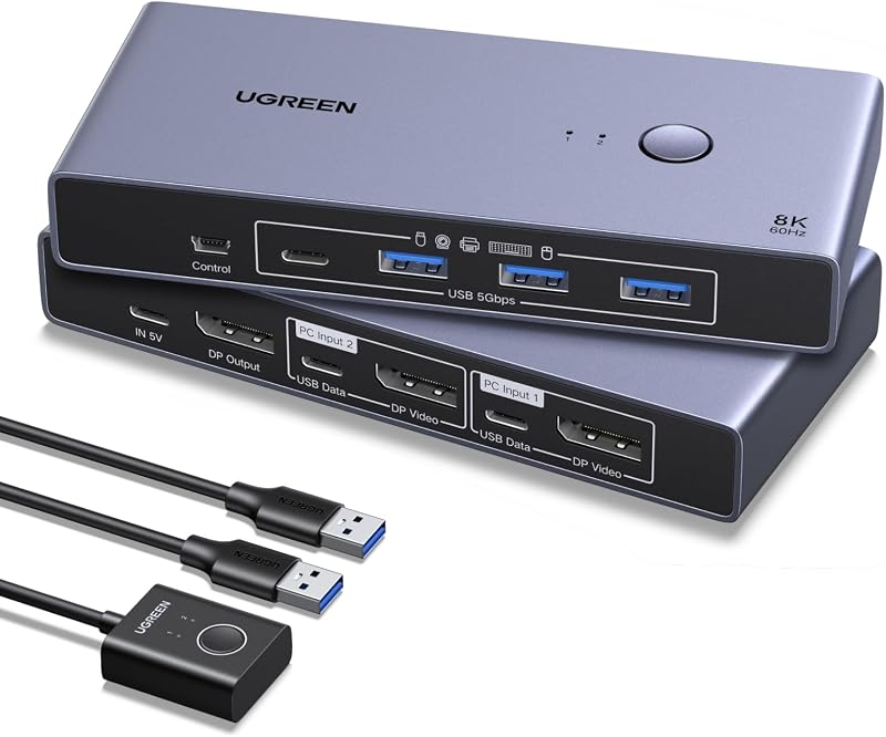 DP 1.4 KVM Switch 8K@60Hz 2 PC 1 Monitor mit 4 USB 3.0 Ports