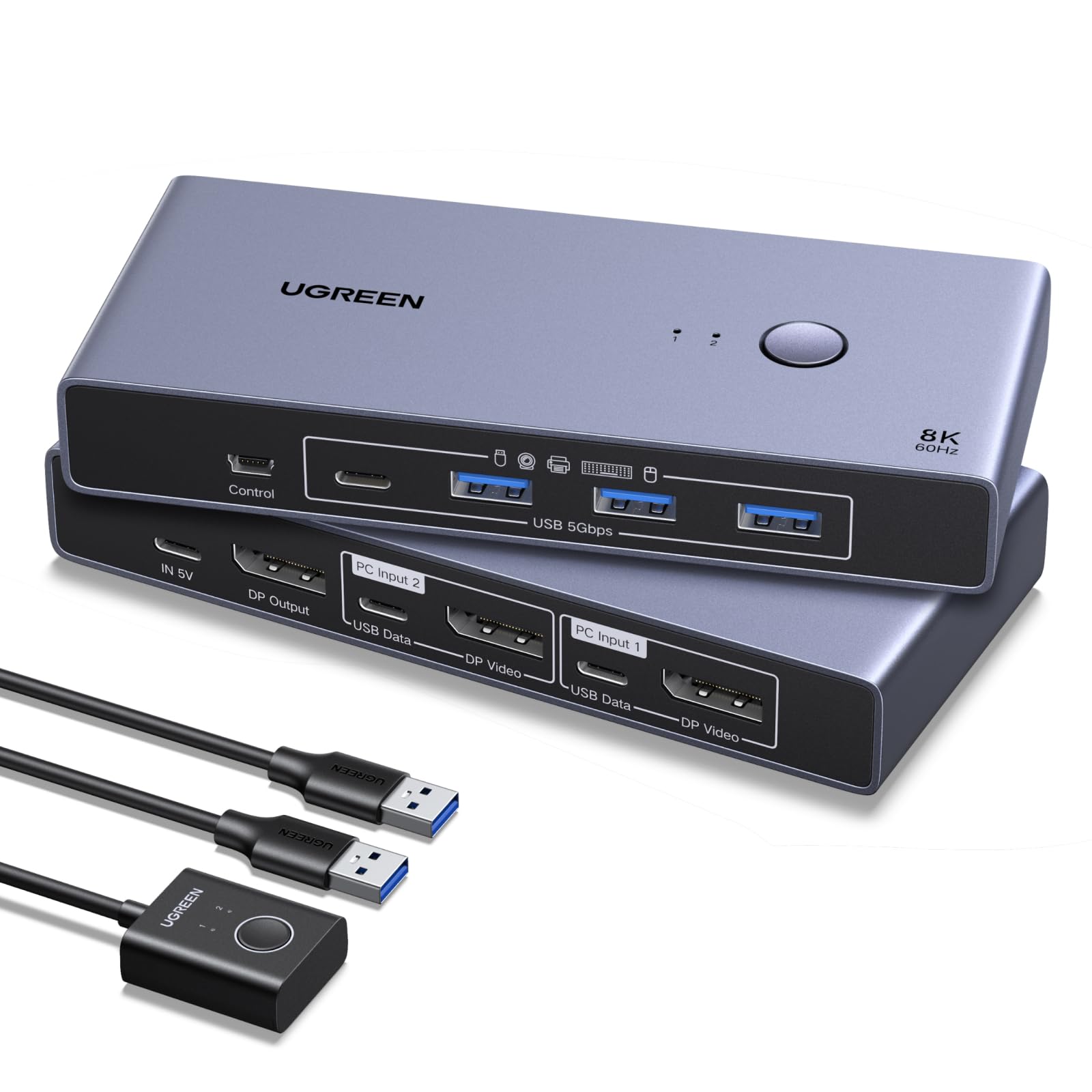 UGREEN DP 1.4 KVM Switch 8K@60Hz 2 PC 1 Monitor mit 4 USB 3.0 Ports