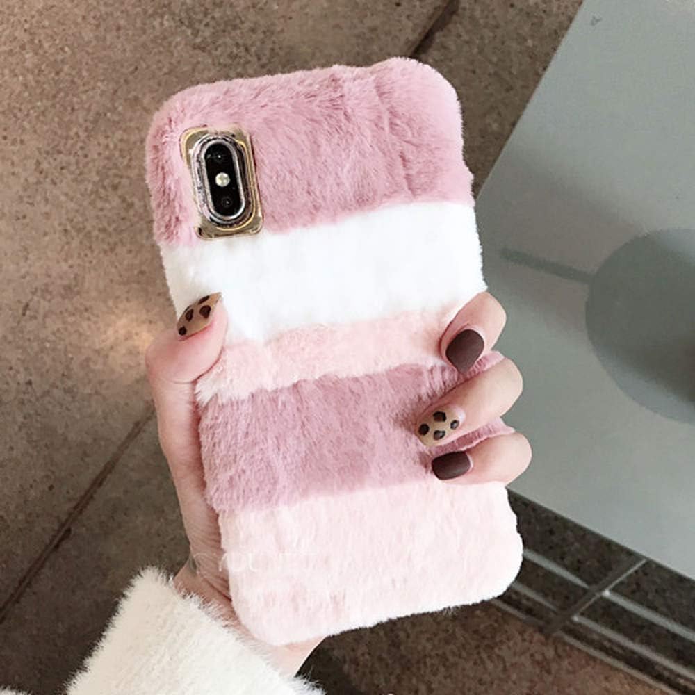 for Samsung Galaxy A7 2018 Plush Case Cover, Cute Fuzzy Luxury Winter Soft Case Fluffy Faux Fur Case Stripe Stitching Colour Protective Silicon Back Bumper for Girls - Pink