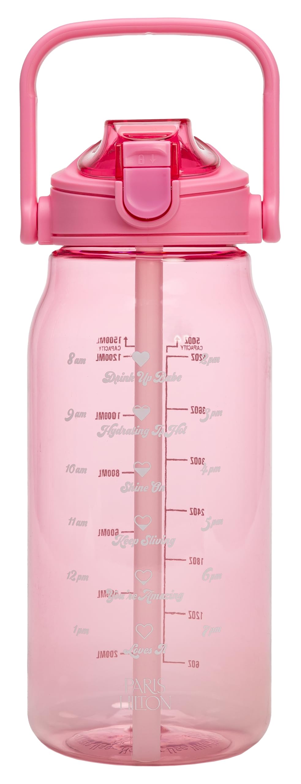 Photo 1 of Paris Hilton Motivational Water Bottle with Straw and Leak-proof Flip-Top Lid, Motivational Time Markers, Carry Handle for Travel, Made without BPA, 50-Ounce, Pink