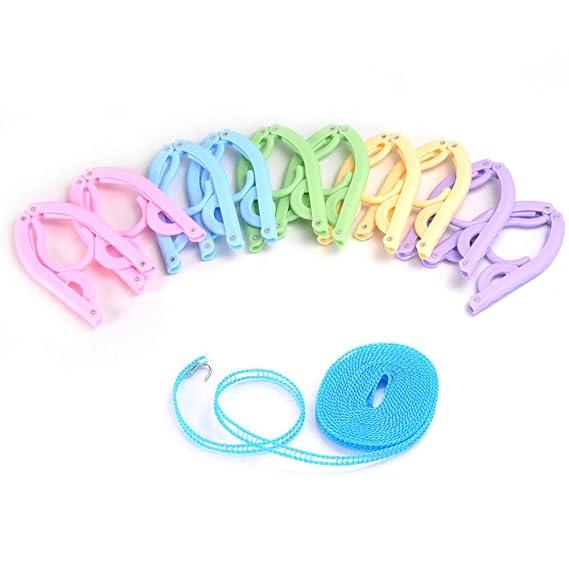 SlowTon Faltbare Kleiderbügel mit 5M Wäscheleinen Kunststoff Clothes Hanger für Reise Outdoor Camping 10 Stück Bunt