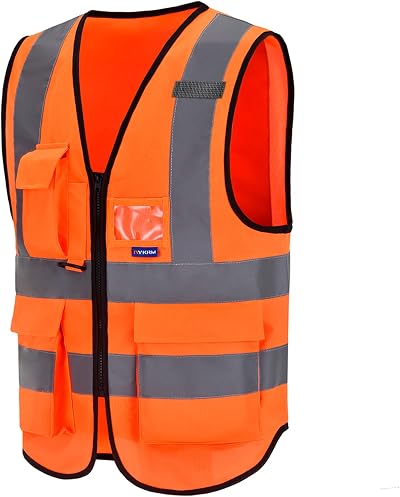 AYKRM Hi Vis Jacket Orange Class 2 Vest with 7 Pockets Zipper Front