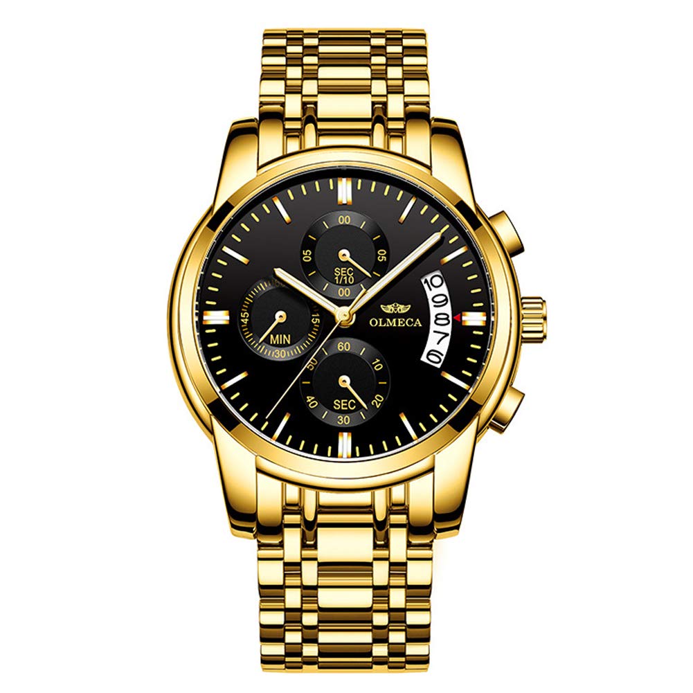 DREAMING Q&P Men's Watches Luxury Fashion Casual Dress Chronograph Waterproof Military Quartz Wristwatches for Men Stainless Steel Band Gold Black, Black, Chronograph