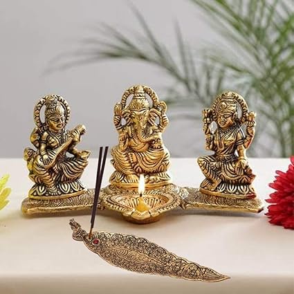 Prince Home Decor & Gifts Laxmi Ganesh Saraswati Idol Decorative Platter with Diya and agarwati Stand Diwali Gift