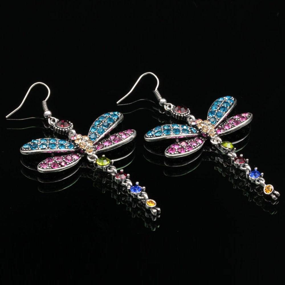 GuGio Gorgeous Colors Dragonfly Crystal Rhinestone Silver Plated Hook Earrings Dangle Earrings
