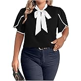 BEAUDRM Women's Plus Size Work Office Blouse Bow Tie Neck Petal Sleeve Business Casual Blouse Shirts Top