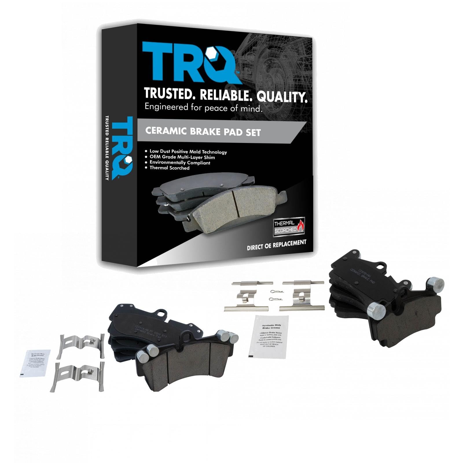 TRQ Front and Rear Brake Pad Set Ceramic Hardware Compatible with 2007-2015 Audi Q7 2003-2010 Porsche Cayenne 2004-2008 Volkswagen Touareg Image