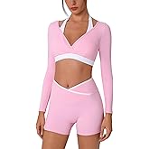 ABOCIW Womens Workout Sets Color Block Long Sleeve Crop Top with Built-in Bra Crossover Booty Shorts Yoga Gym Outfits
