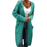 Vaimti Women's Long Cable Knit Cardigan Sweater with Pockets, Open Front Have Cap
