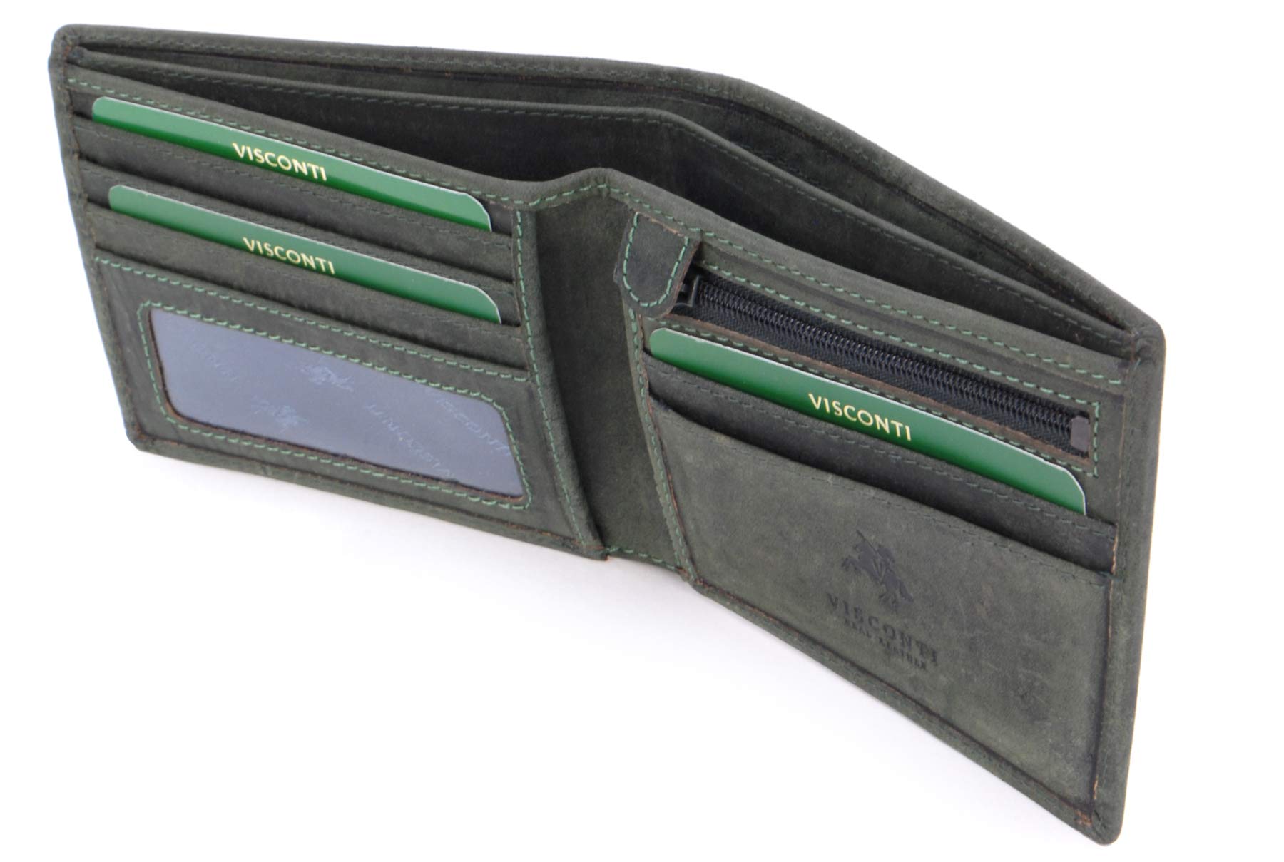 VISCONTI - Men's Small Bifold Leather Wallet - RFID Protected - 6 Credit Card Slots, Note Section & Coin Pocket - Gift Boxed - 707 Shield - Oil Green — image 1