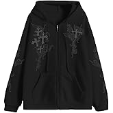 Kelxjia Zip Up Hoodies Y2k Jacket Graphic Gothic Jackets Grunge Cross Hoodie Baggy Streetwear Emo Sweater Aesthetic Clothes