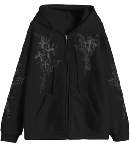 Aobiono Women Men Y2K Zip Up Oversized Hoodie Gothic Dragon