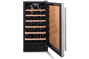 SMETA Under Counter Wine Cooler 15 Inch Wide, 33 Bottle Wine Fridge Refrigerator Built In/Freestanding, Under Cabinet Glass Door Stainless Steel Black Wine and Beverage Cellar For Home Bar With LED