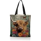 WDSXWH Highland Cow and Flower Canvas Tote Bag, Cute Animal Themed Reusable Shopping Bag, Aesthetic Canvas Tote Bags for Women, Shoulder Bags for Shopping Work Travel Beach
