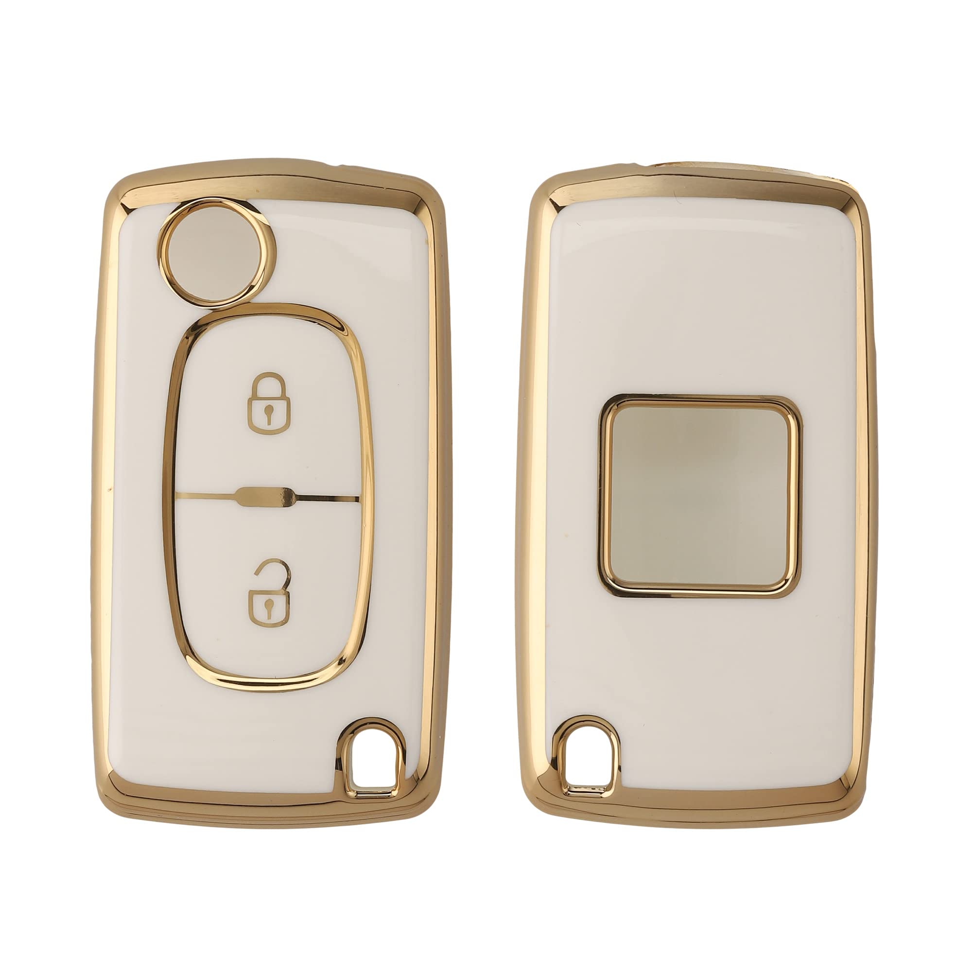 kwmobile Key Cover Compatible with Peugeot Citroen 2 Button Car Flip Key - Car Key Fob Case Protector - White/Gold