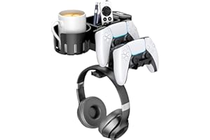 KDD 5 in 1 Desk Controller Holder - Rotating Headphone Hanger with Cup Holder - Clamp On Desk Organizer Holds Controller, Hea