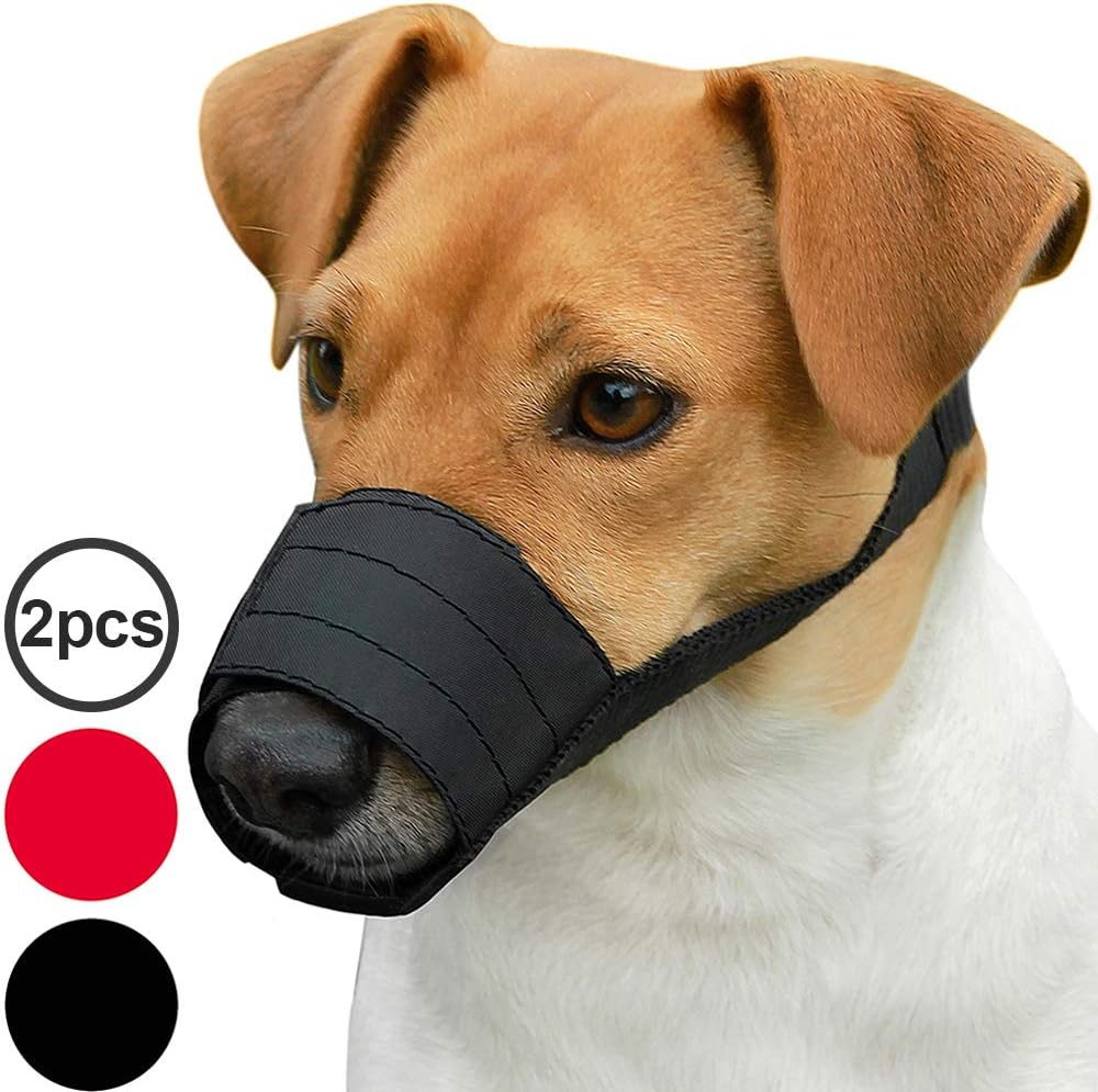 CollarDirect Adjustable Dog Muzzle Small Medium Large Dogs Set 2PCS Soft Breathable Nylon Mask Safety Dog Mouth Cover Anti Biting Barking Pet Muzzles Dogs Black Red