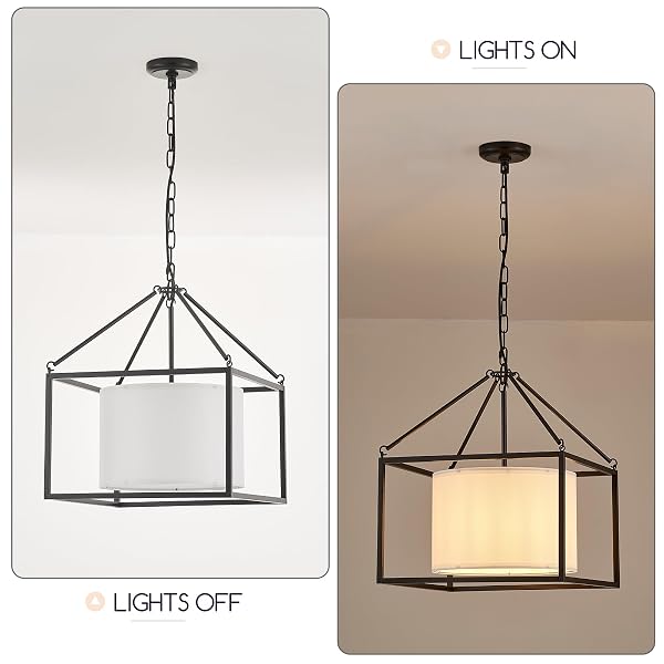 VILUXY MODERN FARMHOUSE CHANDELIER 17″ BLACK CEILING PENDANT LIGHT WITH WHITE FABRIC DRUM CHANDELIERS ROUND SQUARE HANGING LIGHTING FOR DINING ROOM BEDROOM FOYER