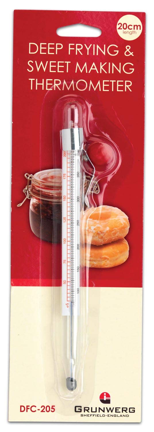 Grunwerg Deep Frying/Sweet Making Sugar Kitchen Thermometer, Glass and Stainless Steel, 20cm Length, White