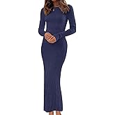 MEROKEETY Women's 2026 Long Sleeve Bodycon Sweater Dress Fall Winter Crew Neck Ribbed Knit Maxi Dresses