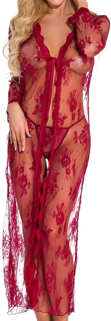 QueenMM Sexy Lace Lingerie for Women, Women's Sexy Long Lace Dress Sheer Gown See Through Kimono Robe