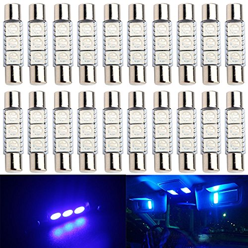 AMAZENAR 20-Pack 50 Lumens Blue 28MM(1.1") - 31MM(1.25") 12V LED Festoon Light 5050 3-SMD Sun Visor Vanity Mirror LED Bulbs for Vehicle 6615F 6614F 3021 3022 3175 T-2 SF6/6 (Blue)